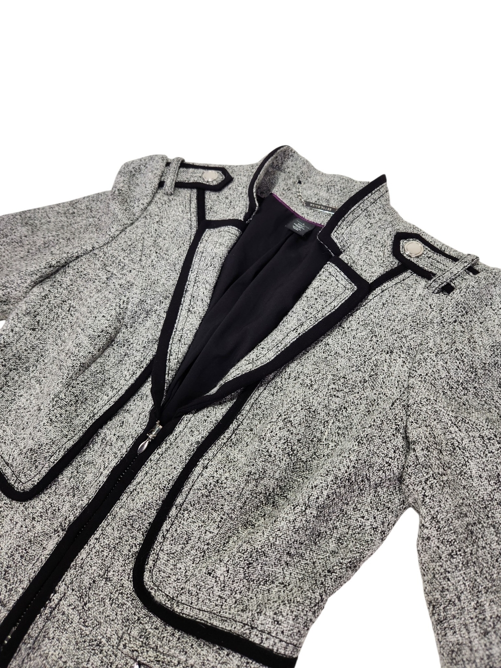 White House Black Market Gray/Black Zip Front Lined Jacket Piping Size 2 Moto - Picture 8 of 14